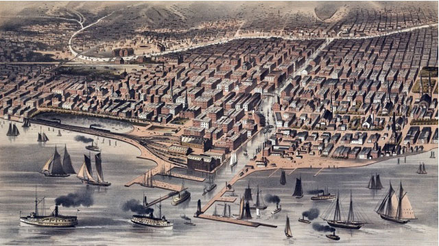 1870年頃のシカゴ。1871年10月の大火災で焼き尽くされたが、すぐに復興した