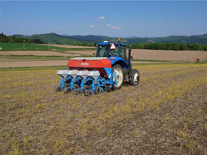 真空播種機でダイズを不耕起播種。前年の小麦収穫後に播いたミックス緑肥（25年2月号p135も参照）を年内に細断し、そのまま越冬させていた畑。春に野良生えした小麦は除草剤処理してある