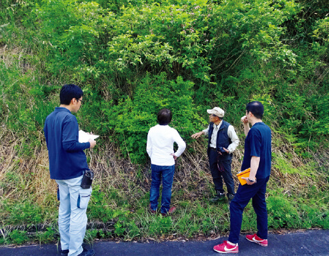 生花店の仕入れ担当者や農協の販売担当者たちと地域の野山を歩いて、売りたい草花を探して回った