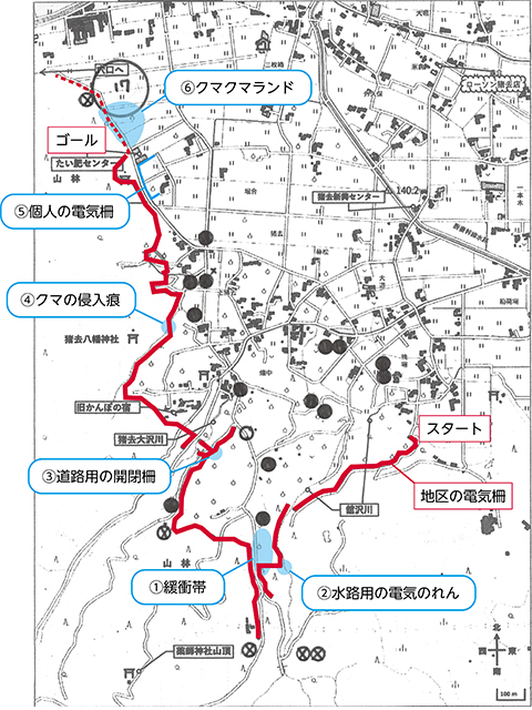 猪去地区の電気柵マップ 赤い線が地区で管理する電気柵（3段または4段）で、総延長は25年8月時点で3.6km。今年8月に破線部分（300m）を追加して延長完了。（国土地理院の地理院地図を保全会が加工したものを、編集部で一部改変）