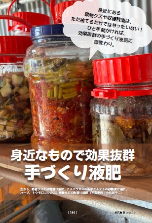 野菜クズの砂糖漬け液肥、アスパラガスの若芽とトマトの砂糖漬け液肥、 ハーブ、トウモロコシの芯、卵殻などの酢漬け液肥（